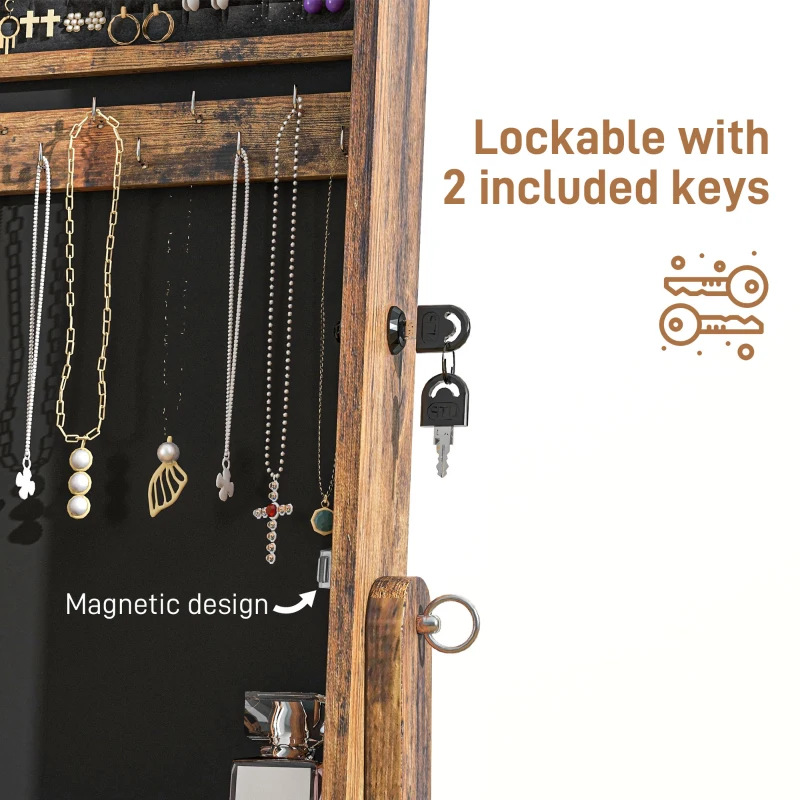 HOMCOM Lockable Mirror Jewelry Cabinet, Full-Length Mirror and Jewellery Storage with 3 Adjustable Angles, Rustic Brown