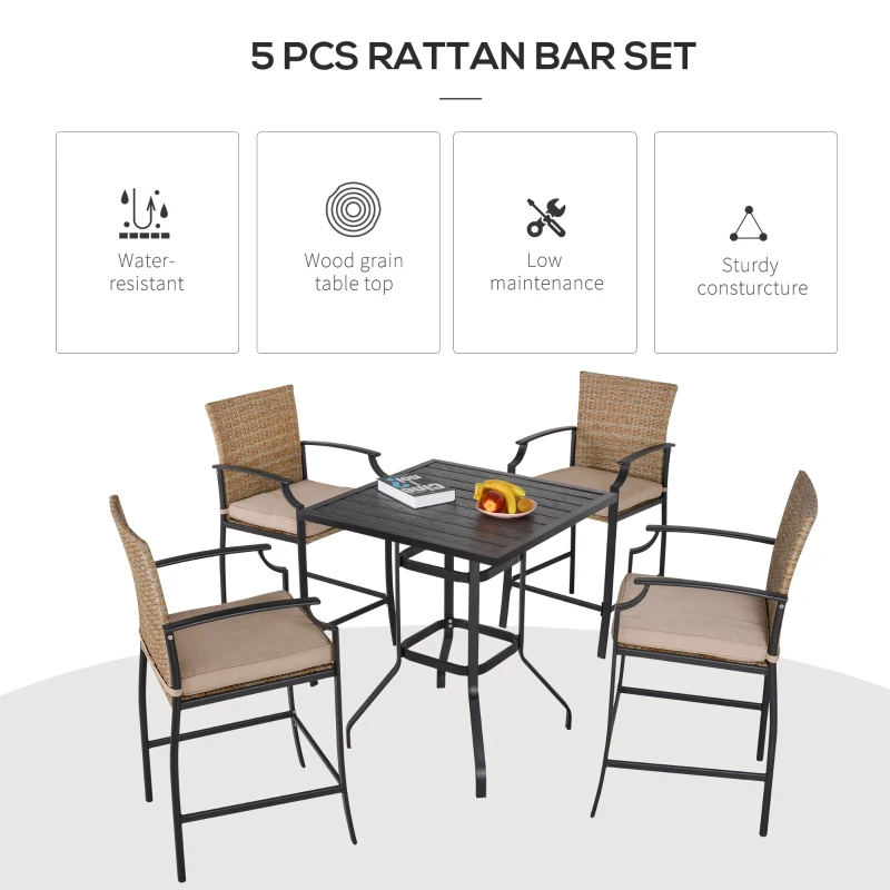 Outsunny 5-Piece Rattan Bar Table and 4 Chairs with Padded Cushions, Mixed Brown