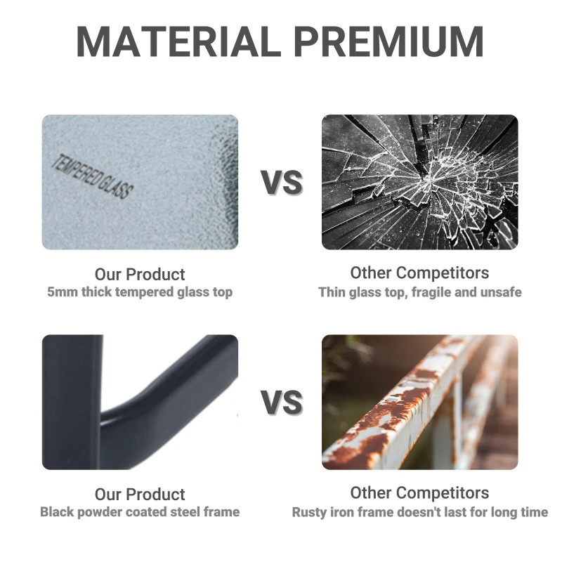 Outsunny 27" Patio Square Table with Tempered Glass Top Outdoor Dining Bar Table Steel Backyard Bistro Table Steel Frame