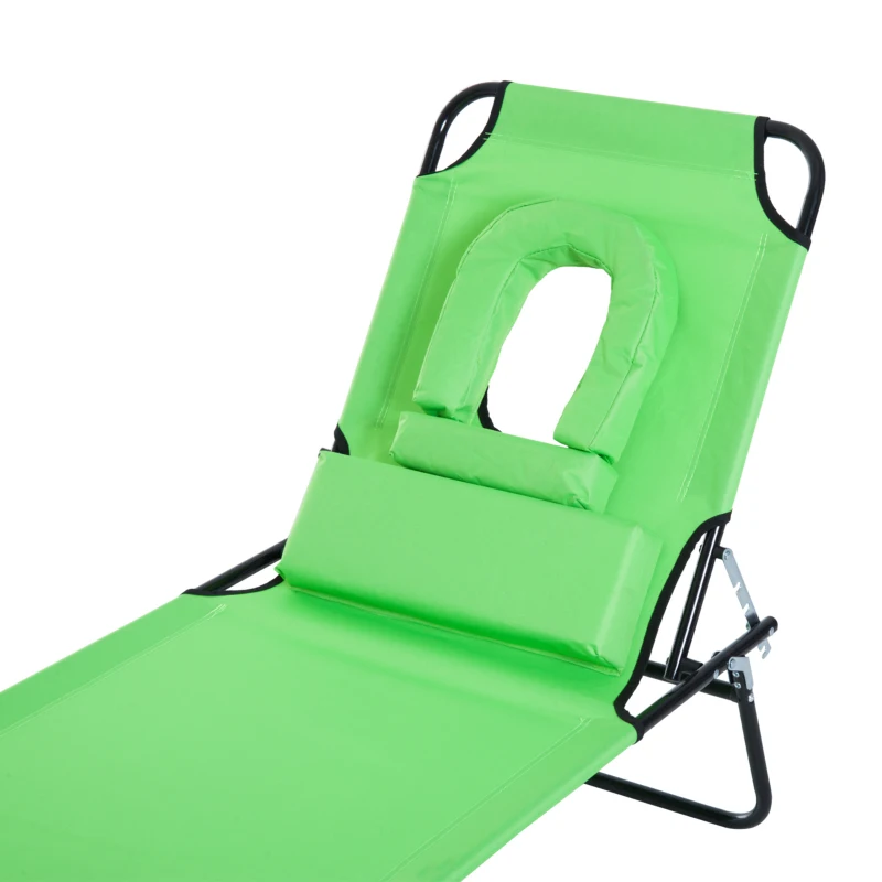 Outsunny Adjustable Outdoor Lounge Chair, Garden Folding Chaise Lounge with Face Hole Reclining Tanning Chair Seat, Folding Camping Beach Lounging Bed w/ Support Pillow, Green