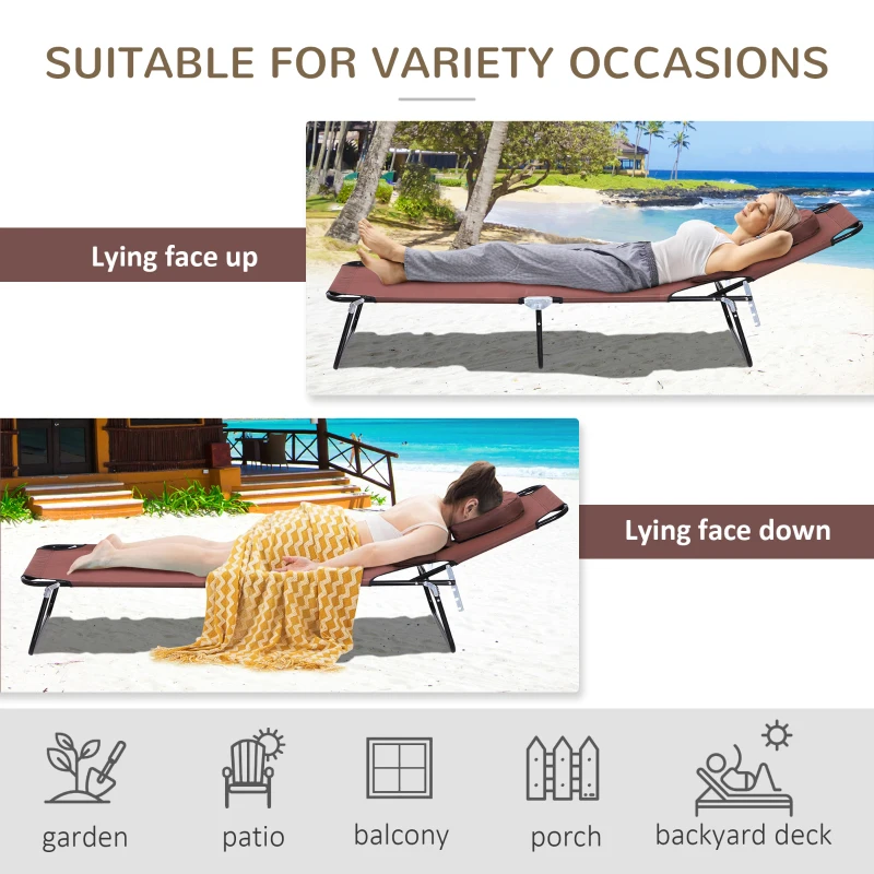 Outsunny Adjustable Outdoor Lounge Chair, Garden Folding Chaise Lounge with Face Hole Reclining Tanning Chair Seat, Folding Camping Beach Lounging Bed w/ Support Pillow, Brown