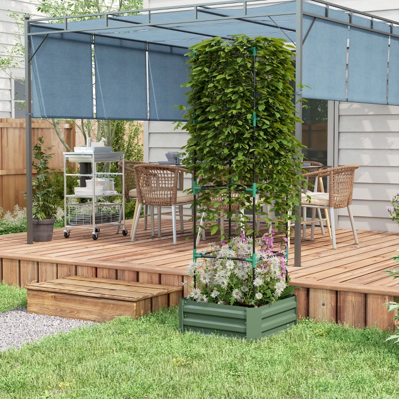 Outsunny Galvanized Planter Box, Outdoor Raised Garden Bed with 4-Tier Trellis Tomato Cage for Climbing Vines, Vegetables, Green