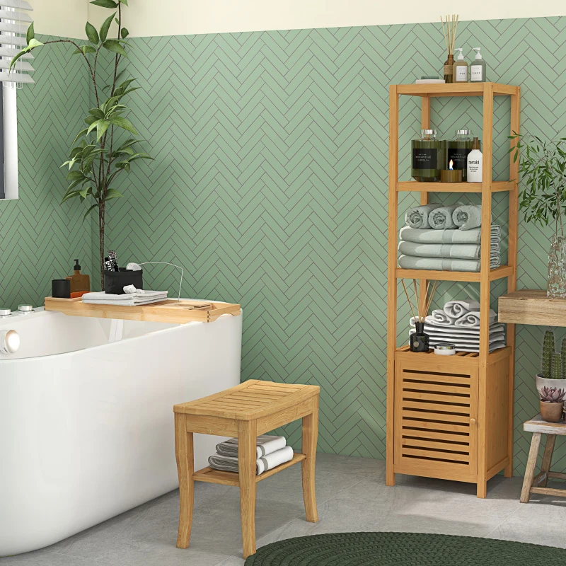 HOMCOM 20" Bamboo Shower Bench Bathroom Stool Spa Bath Seat Organizer Storage Shelf