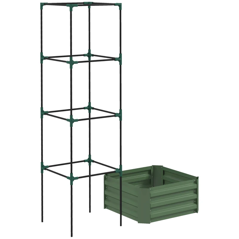 Outsunny Galvanized Planter Box, Outdoor Raised Garden Bed with 4-Tier Trellis Tomato Cage for Climbing Vines, Vegetables, Green