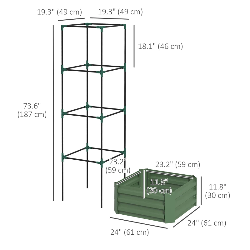 Outsunny Galvanized Planter Box, Outdoor Raised Garden Bed with 4-Tier Trellis Tomato Cage for Climbing Vines, Vegetables, Green
