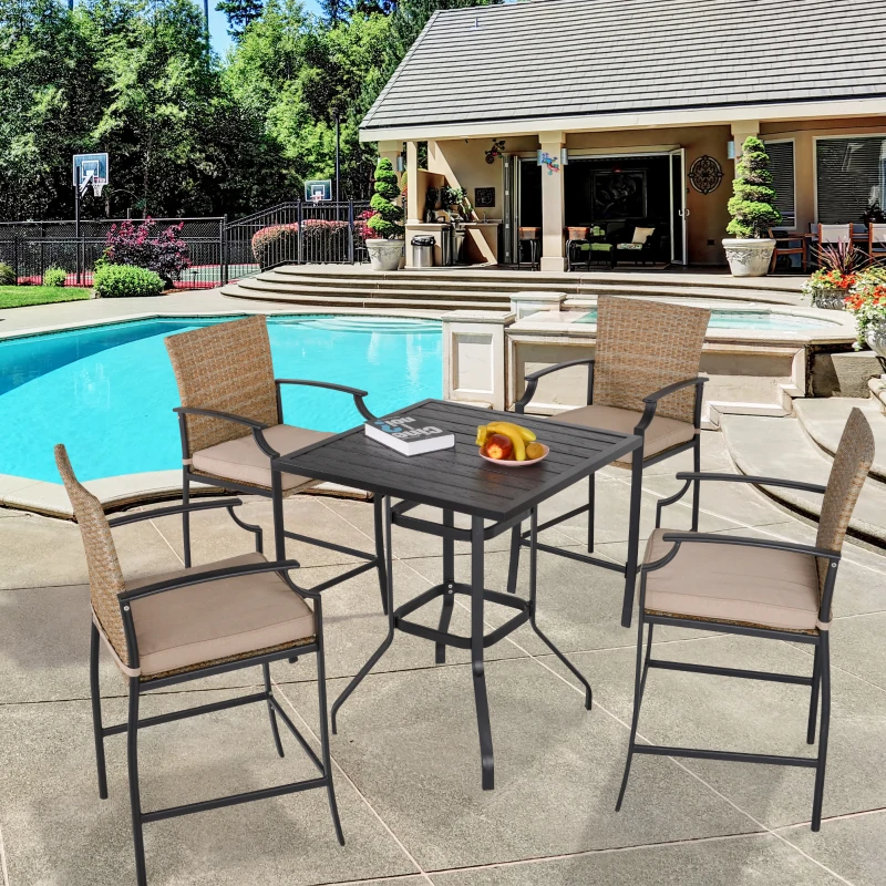 Outsunny 5-Piece Rattan Bar Table and 4 Chairs with Padded Cushions, Mixed Brown