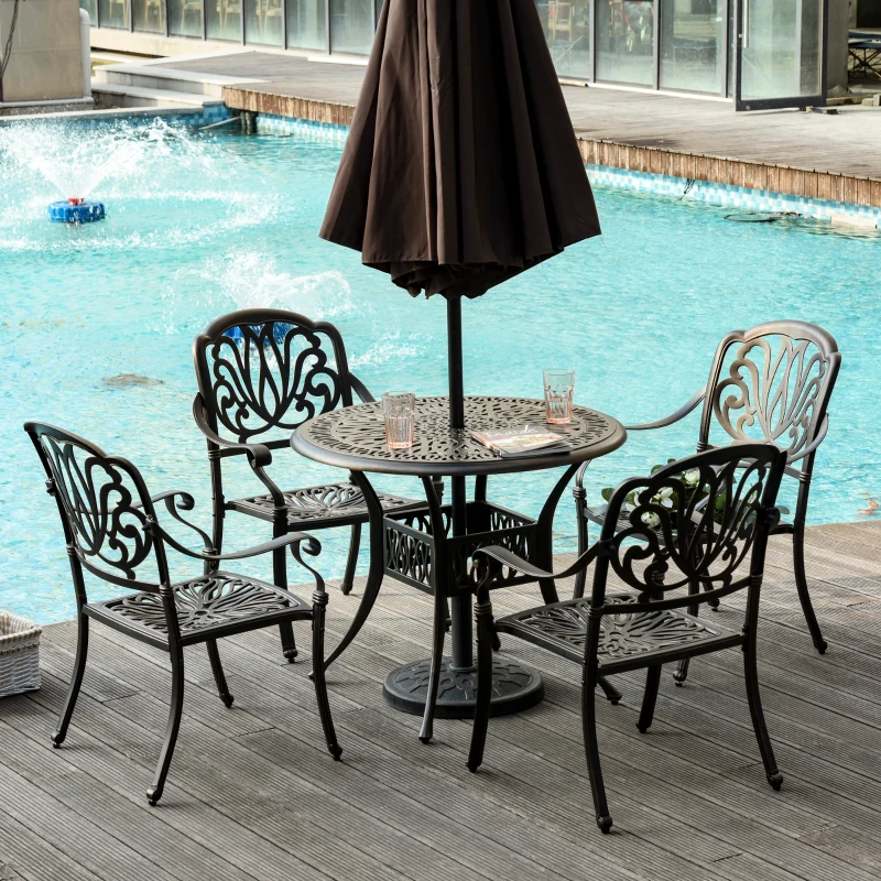 Outsunny 5 Pieces Outdoor Furniture Dining Set for 4, All-Weather Cast Aluminum Stackable Design Chairs and Round Patio Table with Umbrella Hole, for Backyard, Deck, Garden, Bronze