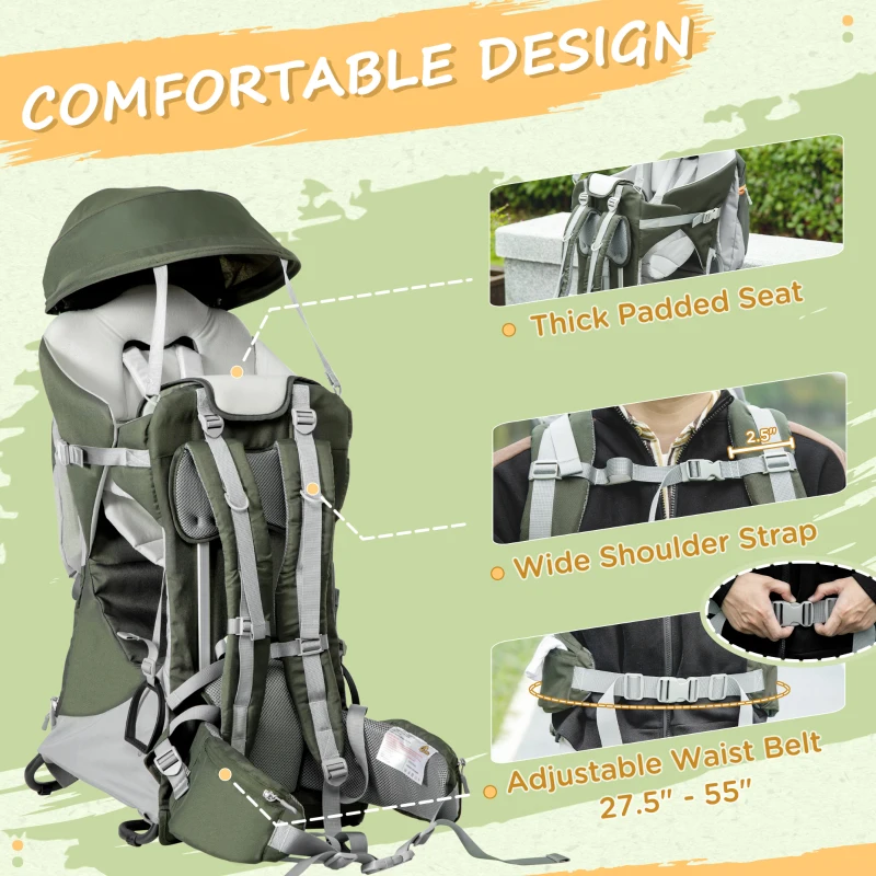 Qaba Foldable Baby Backpack Carrier for Hiking, Day Trips, Toddler Carrier Accessory Holder, Comfortable Baby Shoulder Carrier with Sun Canopy Rain Cover, Stand Ages 6-36 Months