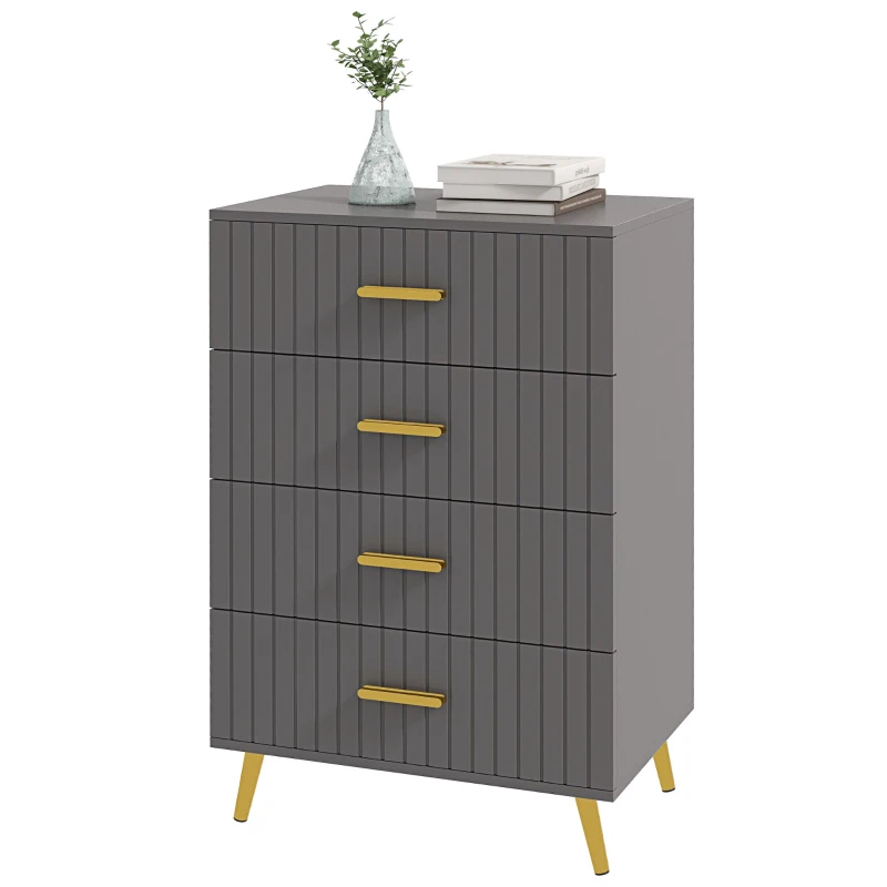 HOMCOM 4 Drawer Cabinet, Drawer Chest for Bedroom, Chest of Drawers with Aluminium Legs and Gold Handles, Dark Grey
