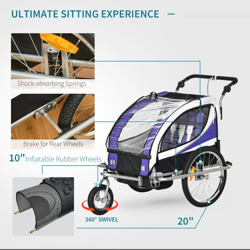 Aosom Foldable Bike Trailer for Kids, Toddler Carrier with 2 Seats, Safety Flag, Light Reflectors, & 5 Point Harness, Purple