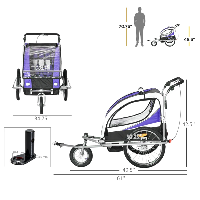 Aosom Foldable Bike Trailer for Kids, Toddler Carrier with 2 Seats, Safety Flag, Light Reflectors, & 5 Point Harness, Purple
