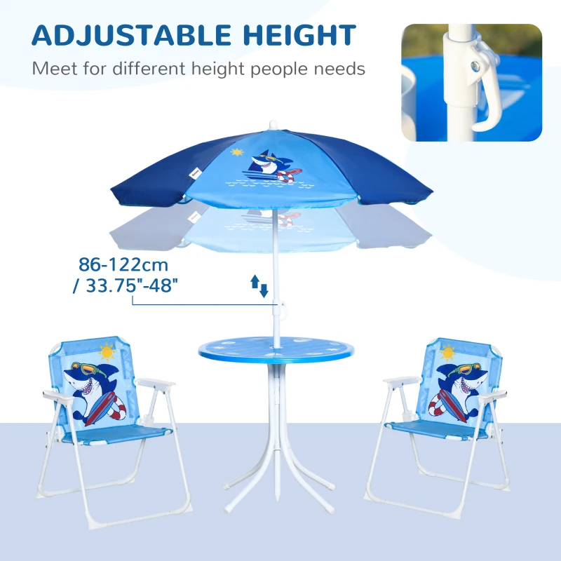 Outsunny Kids Table and Chair Set, Comfortable Little Kids Picnic Table with Umbrella, Adjustable Height, Outdoor Seating for Kids Ages 3-6, Foldable, Sharks