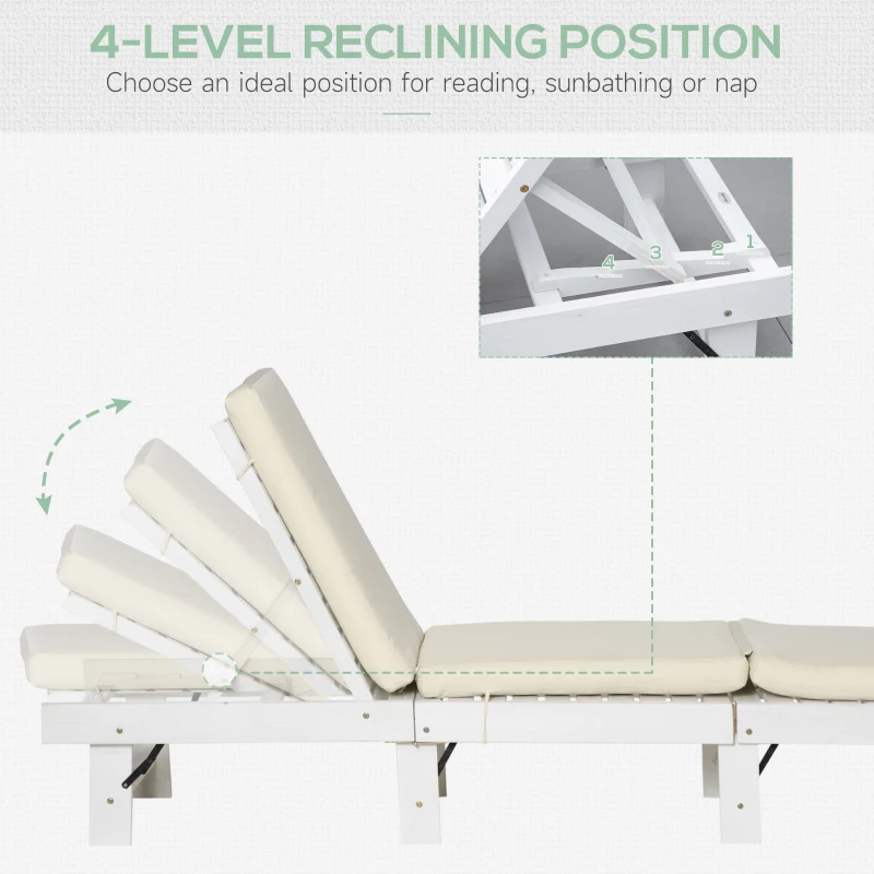 Outsunny Wooden Folding Chaise Lounge, Outdoor Chaise Lounge Chair, Garden Reclining Tanning Chair with 4 Adjustable Back Soft Cushions, White