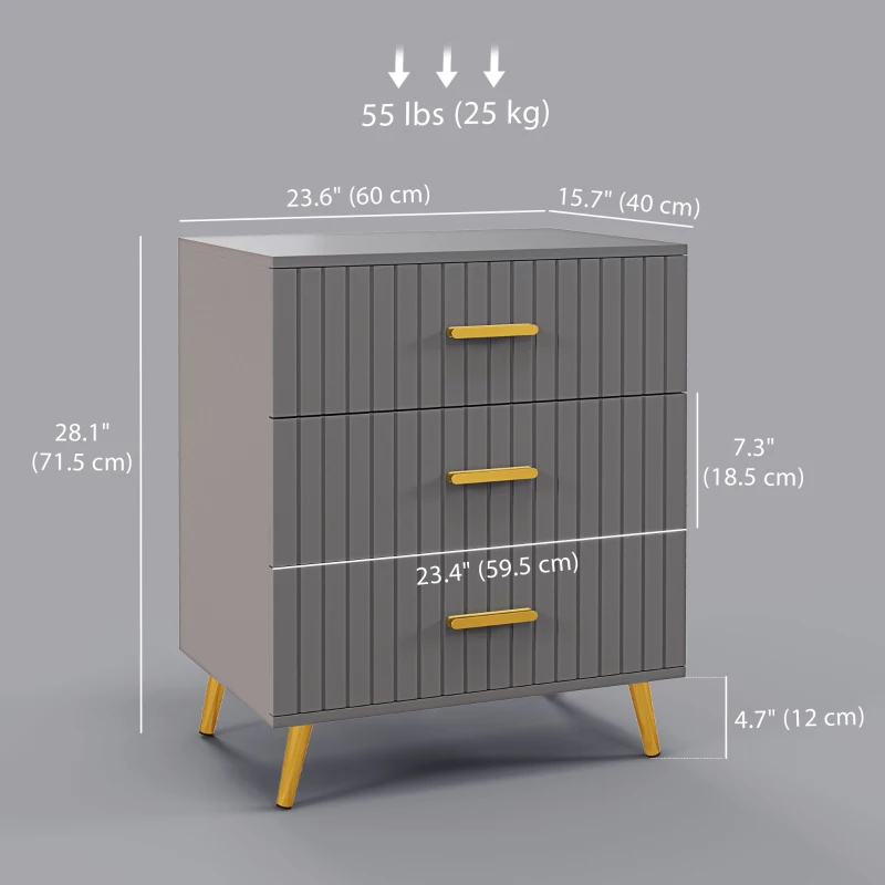 HOMCOM 3 Drawer Cabinet, Drawer Chest for Bedroom, Chest of Drawers with Aluminium Legs and Gold Handles, Dark Grey