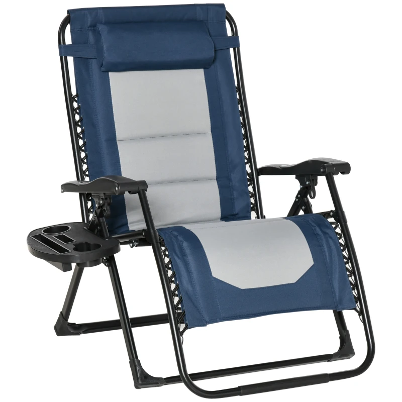 Outsunny Zero Gravity Lounger Chair, Padded Folding Reclining Patio Chair with Cup Holder, Detachable Headrest, Extra Wide Seat, 400 LBS Capacity for Pool, Camping, Blue and Grey