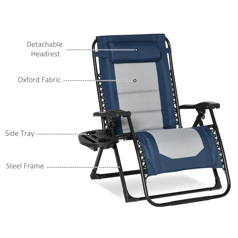 Outsunny Zero Gravity Lounger Chair, Padded Folding Reclining Patio Chair with Cup Holder, Detachable Headrest, Extra Wide Seat, 400 LBS Capacity for Pool, Camping, Blue and Grey