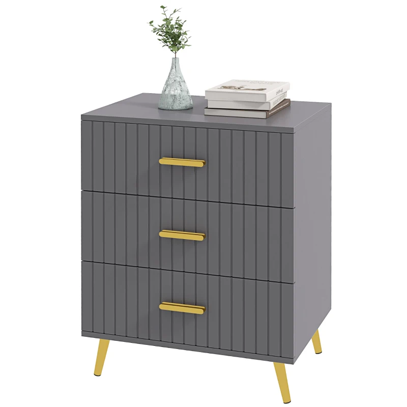 HOMCOM 3 Drawer Cabinet, Drawer Chest for Bedroom, Chest of Drawers with Aluminium Legs and Gold Handles, Dark Grey