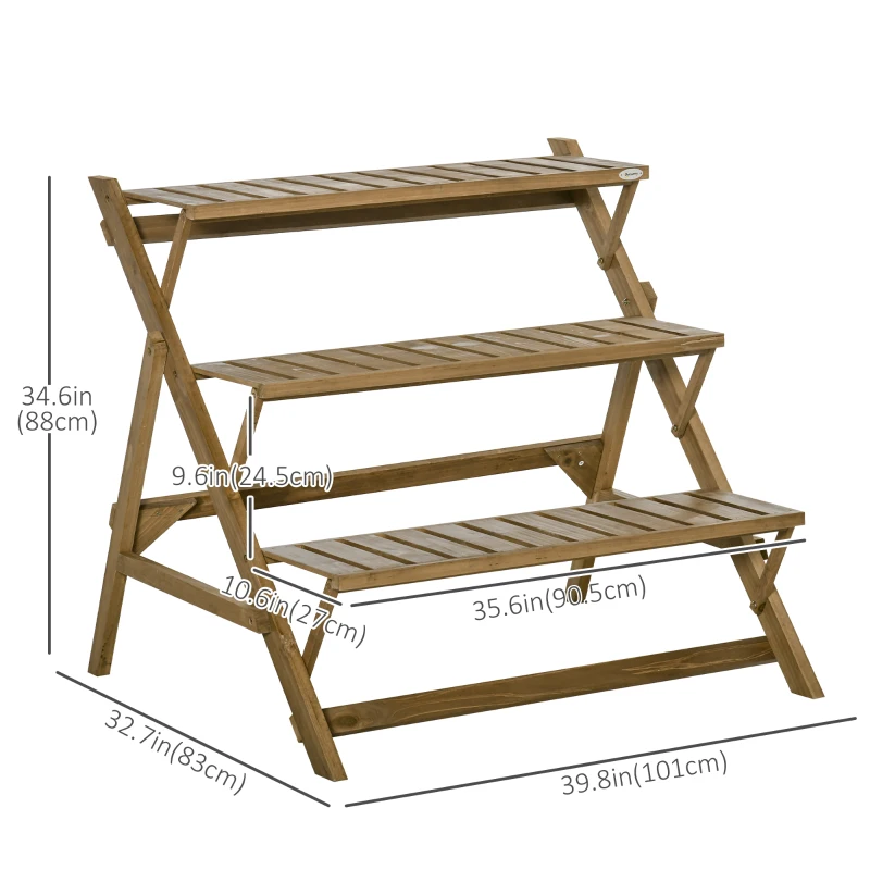 Outsunny 3-tier Ladder Plant Stand Foldable Wood Flower Display Shelf for Indoor Outdoor Home Garden, Brown