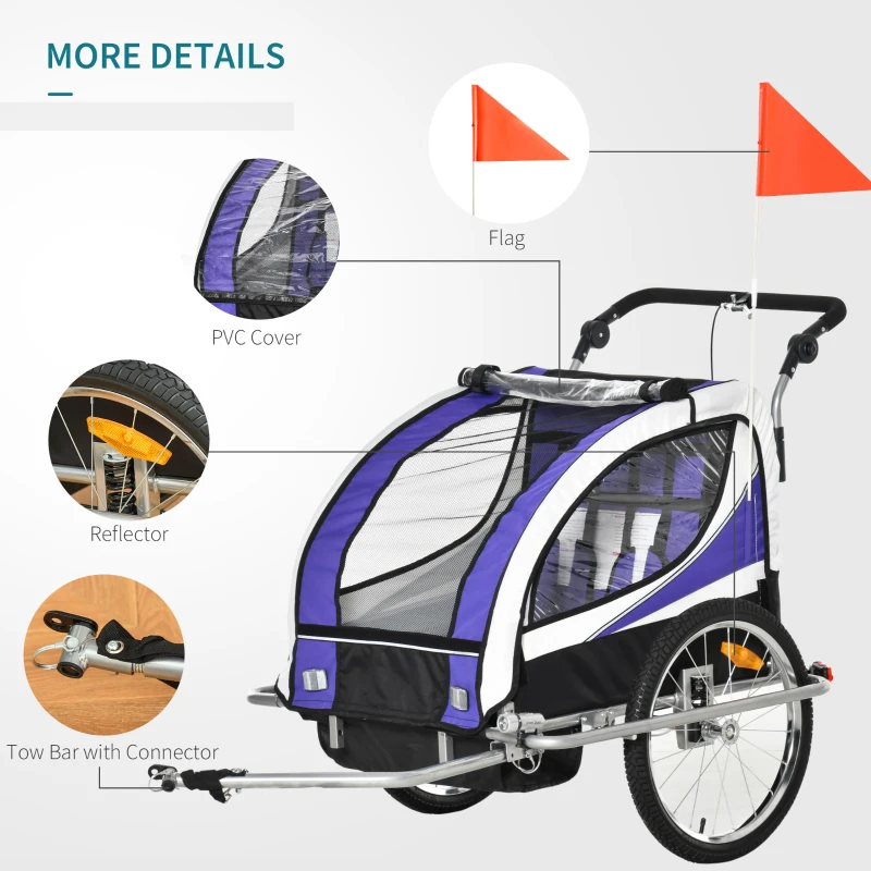 Aosom Foldable Bike Trailer for Kids, Toddler Carrier with 2 Seats, Safety Flag, Light Reflectors, & 5 Point Harness, Purple