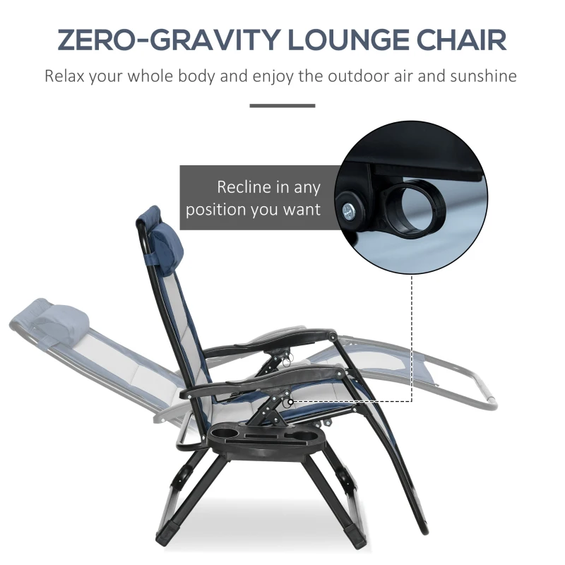 Outsunny Zero Gravity Lounger Chair, Padded Folding Reclining Patio Chair with Cup Holder, Detachable Headrest, Extra Wide Seat, 400 LBS Capacity for Pool, Camping, Blue and Grey