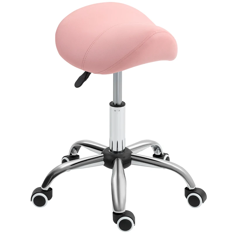 HOMCOM Cosmetic Stool 360° Rotate Height Adjustable Salon Massage Spa Chair Hydraulic Rolling Faux Leather Saddle Stool, Pink