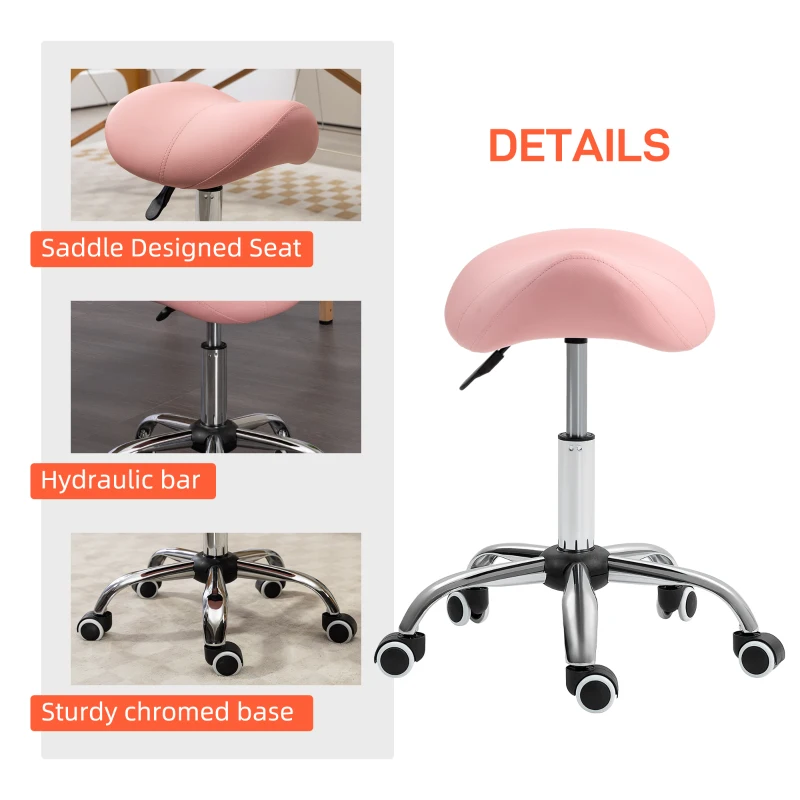 HOMCOM Cosmetic Stool 360° Rotate Height Adjustable Salon Massage Spa Chair Hydraulic Rolling Faux Leather Saddle Stool, Pink