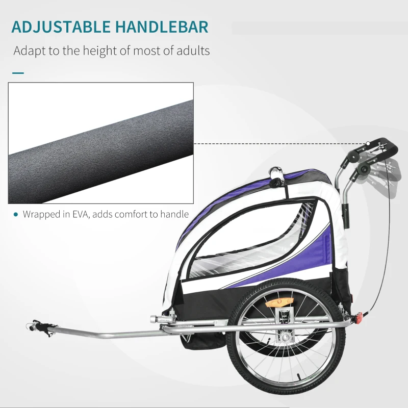 Aosom Foldable Bike Trailer for Kids, Toddler Carrier with 2 Seats, Safety Flag, Light Reflectors, & 5 Point Harness, Purple