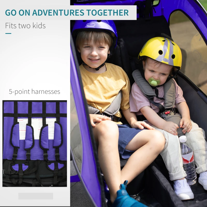 Aosom Foldable Bike Trailer for Kids, Toddler Carrier with 2 Seats, Safety Flag, Light Reflectors, & 5 Point Harness, Purple