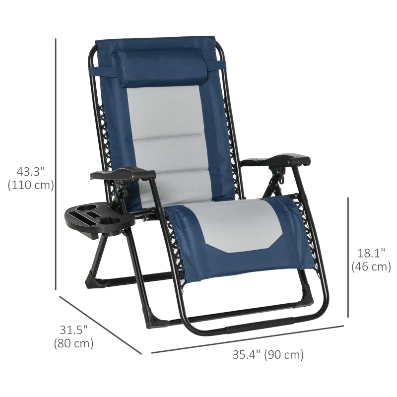 Outsunny Zero Gravity Lounger Chair, Padded Folding Reclining Patio Chair with Cup Holder, Detachable Headrest, Extra Wide Seat, 400 LBS Capacity for Pool, Camping, Blue and Grey