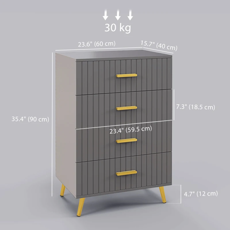 HOMCOM 4 Drawer Cabinet, Drawer Chest for Bedroom, Chest of Drawers with Aluminium Legs and Gold Handles, Dark Grey