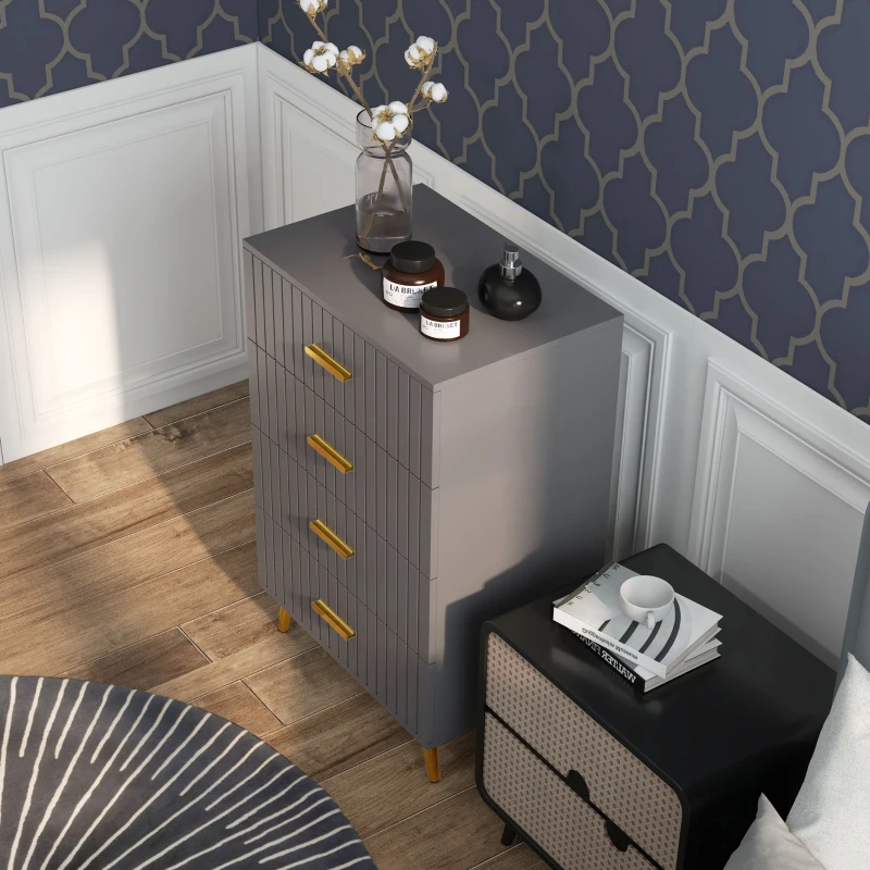 HOMCOM 4 Drawer Cabinet, Drawer Chest for Bedroom, Chest of Drawers with Aluminium Legs and Gold Handles, Dark Grey