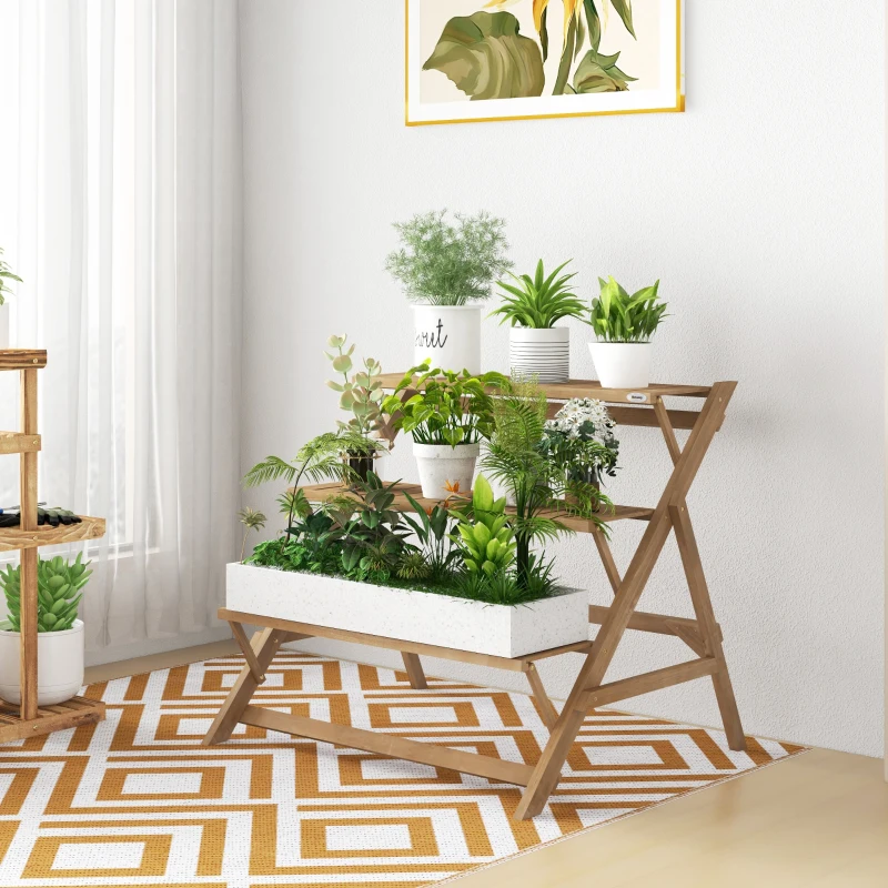 Outsunny 3-tier Ladder Plant Stand Foldable Wood Flower Display Shelf for Indoor Outdoor Home Garden, Brown
