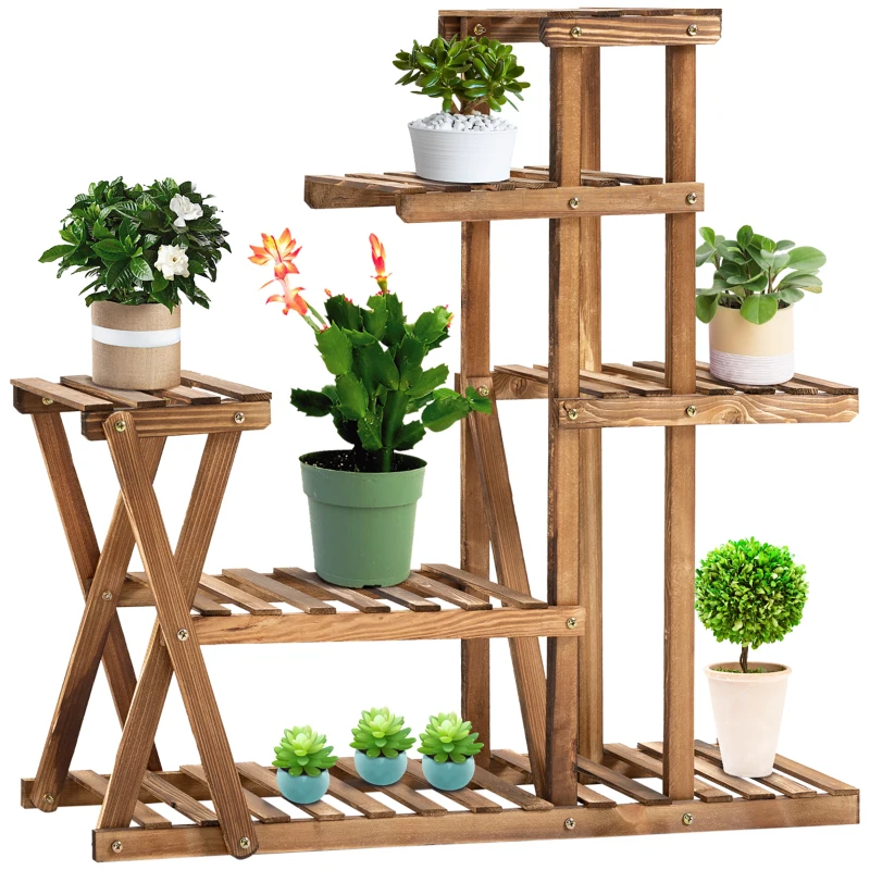 Outsunny Wood Plant Stand 5 Tier Plant Shelf Multiple Flower Pot Holder for Living Room, Patio Corner, Balcony, Indoor Outdoor Use, Natural