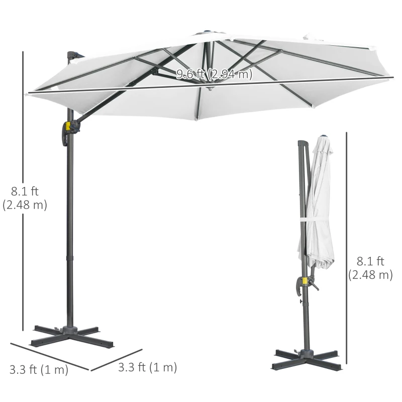 Outsunny 9.6' Cantilever Patio Umbrella Outdoor Hanging Offset Umbrella, Cross Base, 360° Rotation Aluminum Poles, White