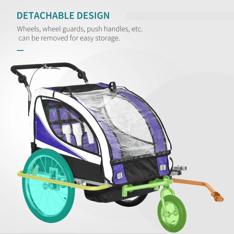 Aosom Foldable Bike Trailer for Kids, Toddler Carrier with 2 Seats, Safety Flag, Light Reflectors, & 5 Point Harness, Purple
