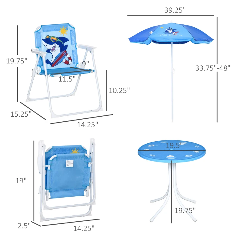 Outsunny Kids Table and Chair Set, Comfortable Little Kids Picnic Table with Umbrella, Adjustable Height, Outdoor Seating for Kids Ages 3-6, Foldable, Sharks