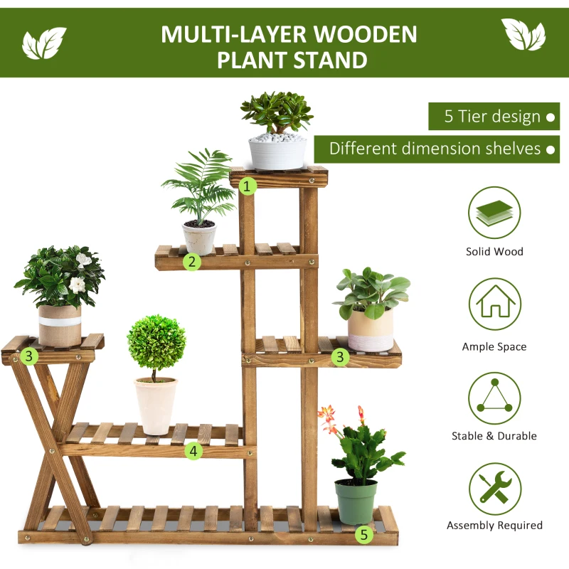 Outsunny Wood Plant Stand 5 Tier Plant Shelf Multiple Flower Pot Holder for Living Room, Patio Corner, Balcony, Indoor Outdoor Use, Natural