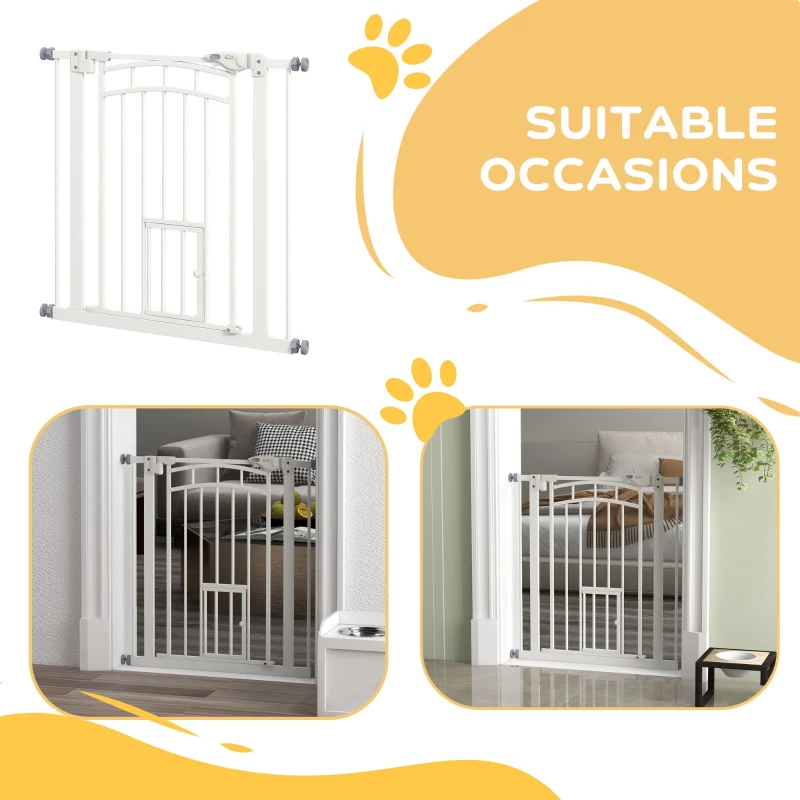 PawHut Auto-Close Pet Gate, Stair Gate with Cat Door, Double Locking for Doorways Hallways Stairs, Fits 29"-31.5" Wide, White