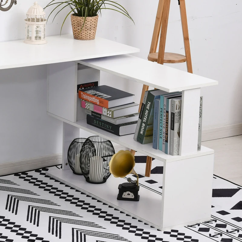 HOMCOM L Shaped Desk, Corner Computer Desk, 360 Degree Rotating Home Office Desk with Storage Shelves, Writing Table Workstation, White