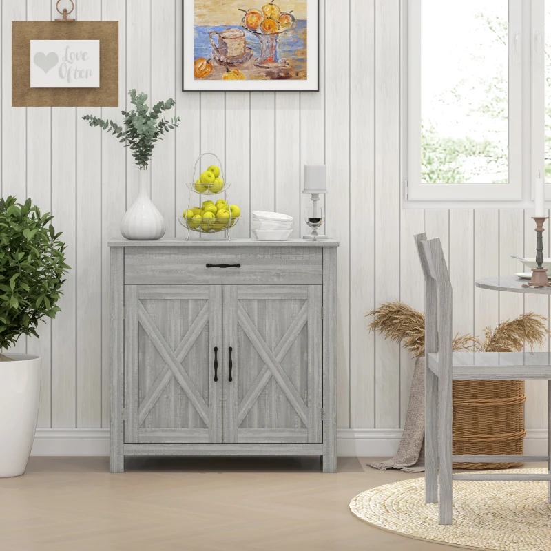HOMCOM Farmhouse Sideboard Cabinet with Barn Doors Kitchen Buffet Cabinet with Drawer and Adjustable Shelf Stone Gray