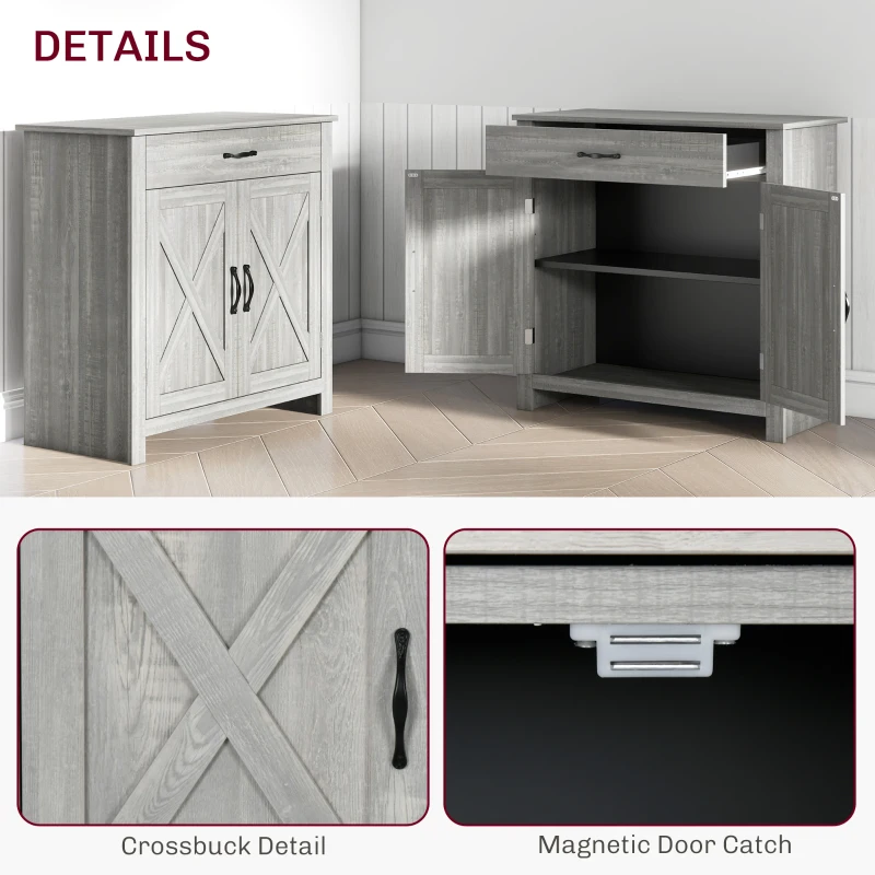 HOMCOM Farmhouse Sideboard Cabinet with Barn Doors Kitchen Buffet Cabinet with Drawer and Adjustable Shelf Stone Gray