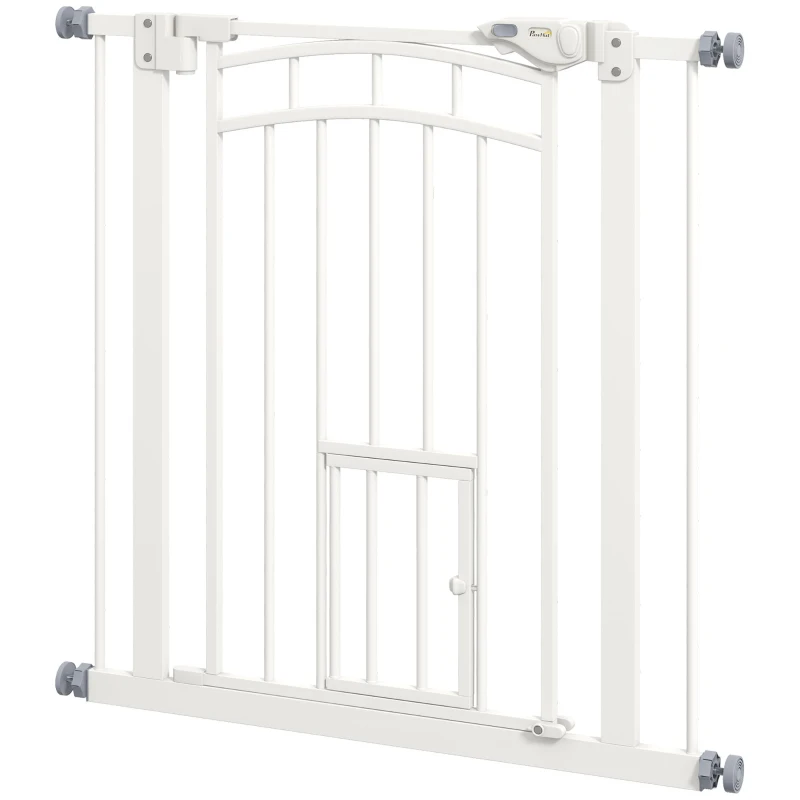 PawHut Auto-Close Pet Gate, Stair Gate with Cat Door, Double Locking for Doorways Hallways Stairs, Fits 29"-31.5" Wide, White