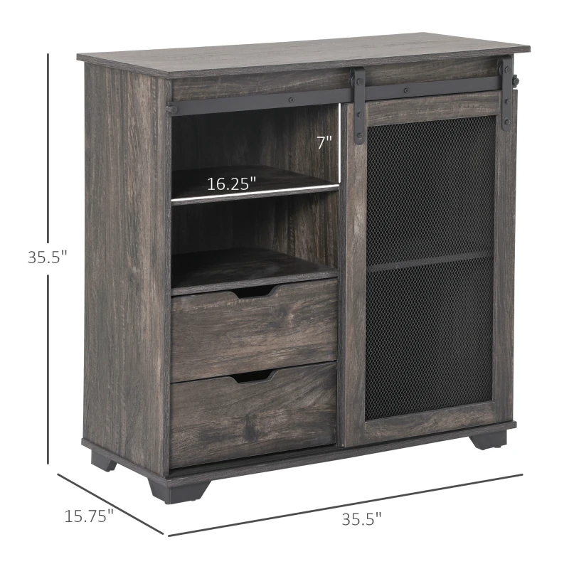 HOMCOM Industrial Sideboard Buffet Cabinet, Kitchen Cabinet, Coffee Bar Cabinet with 2 Drawers, 2 Open Shelves and Metal Mesh Sliding Door, Dark Brown