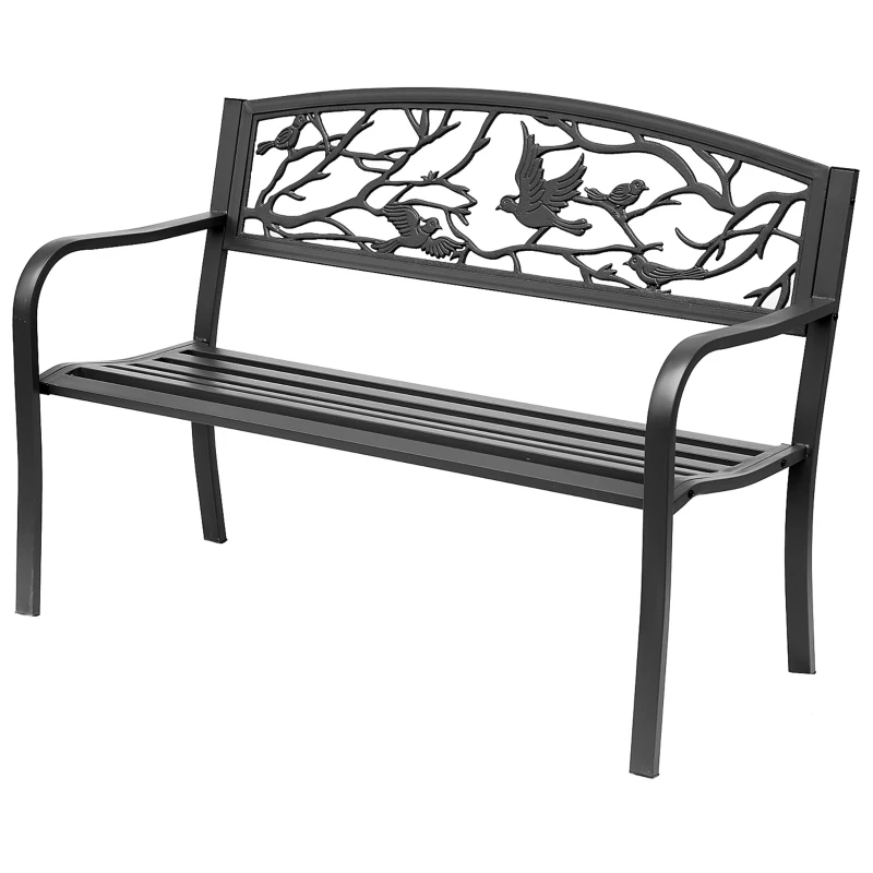 Outsunny 50" Garden Bench Outdoor Loveseat with Vintage Bird Pattern Cast Metal - Black