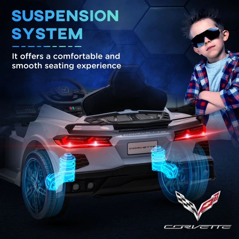 Qaba 12V Kids Electric Car Corvette Licensed w/ Remote Control, Suspension System, Music, Headlight, Slow Start, Light Blue