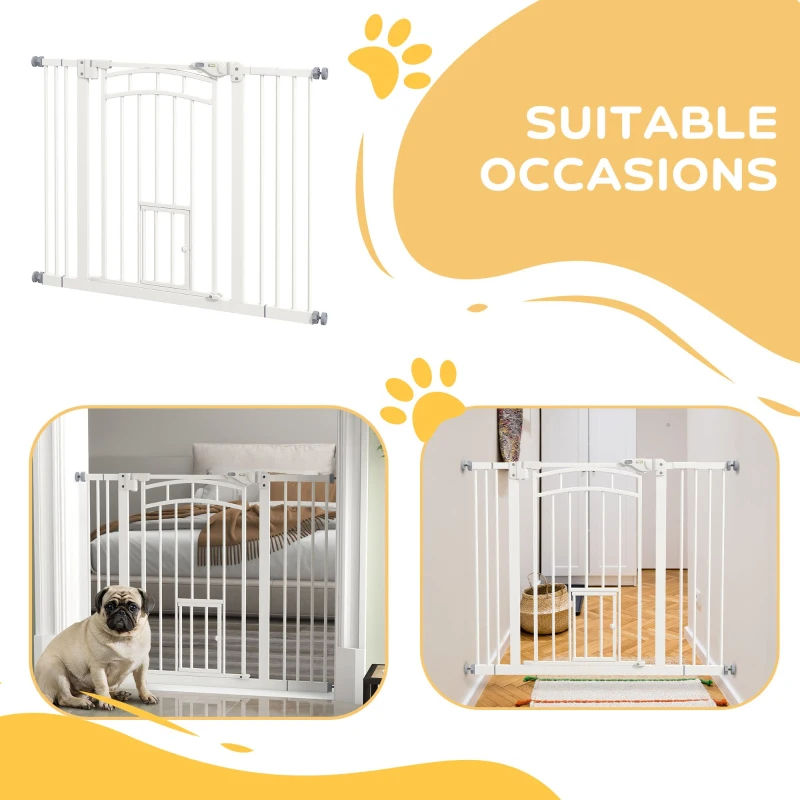 PawHut Auto-Close Pet Gate, Stair Gate with Cat Door, Double Locking for Doorways Hallways Stairs, Fits 29"-39.4" Wide, White