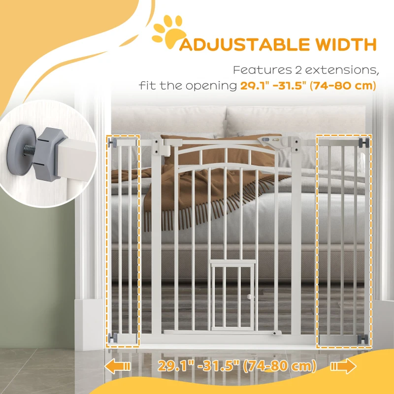 PawHut Auto-Close Pet Gate, Stair Gate with Cat Door, Double Locking for Doorways Hallways Stairs, Fits 29"-39.4" Wide, White