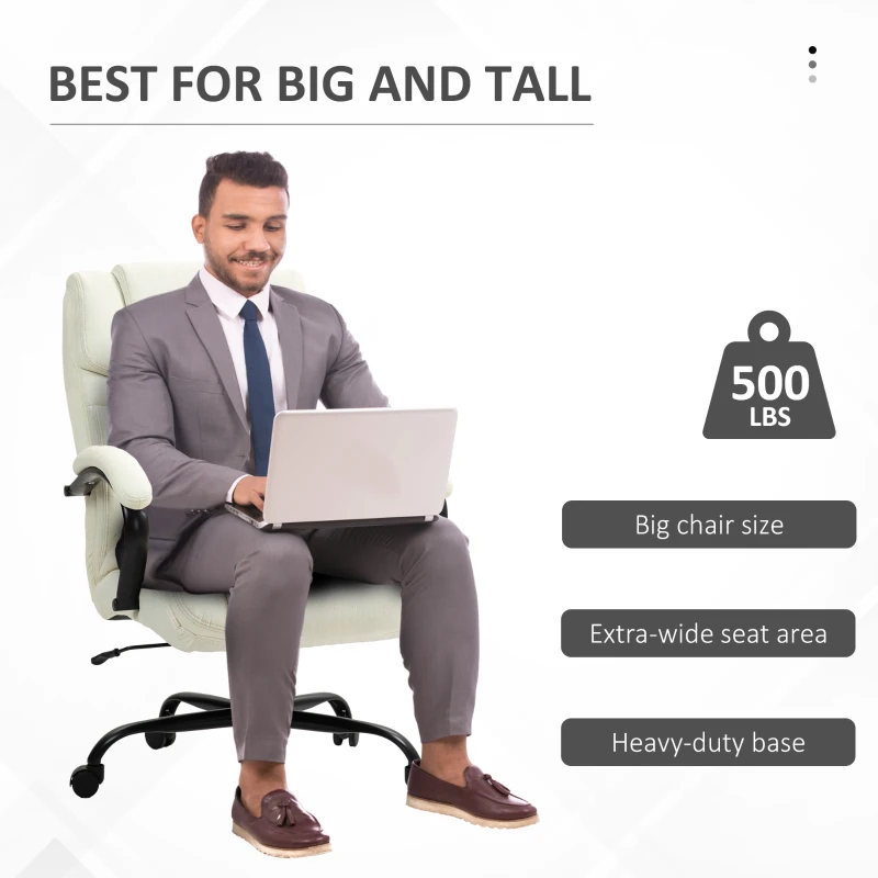 Vinsetto 500lbs Big and Tall Office Chair, Executive Computer Chair with Adjustable Height, Swivel Wheels, Cream White