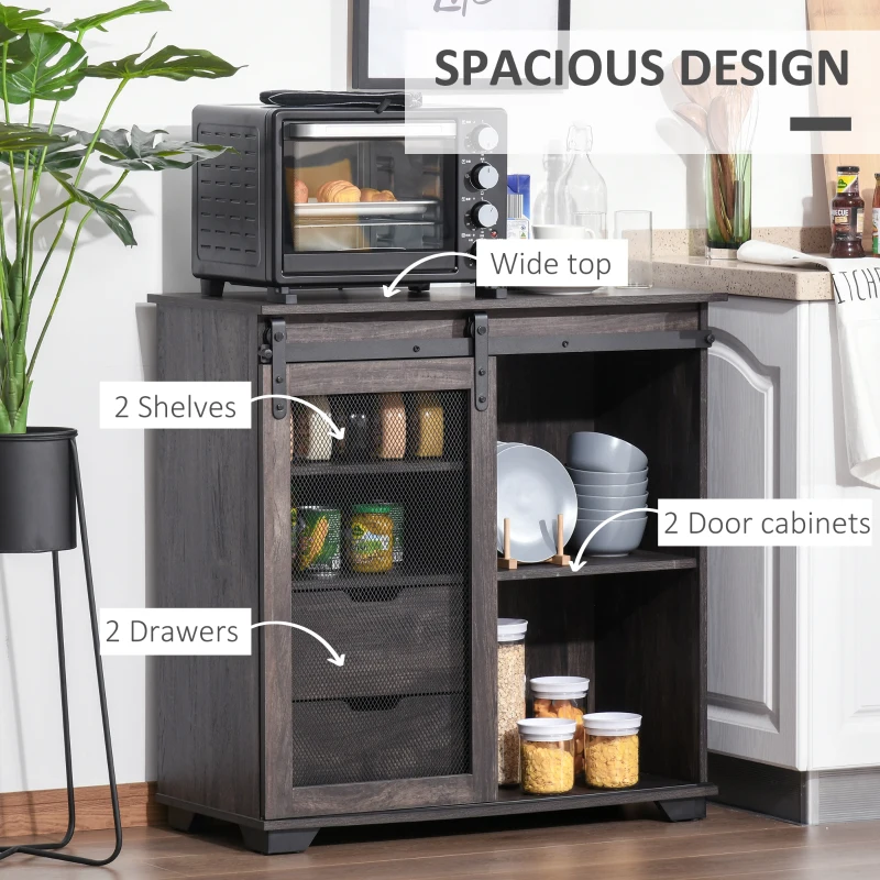 HOMCOM Industrial Sideboard Buffet Cabinet, Kitchen Cabinet, Coffee Bar Cabinet with 2 Drawers, 2 Open Shelves and Metal Mesh Sliding Door, Dark Brown