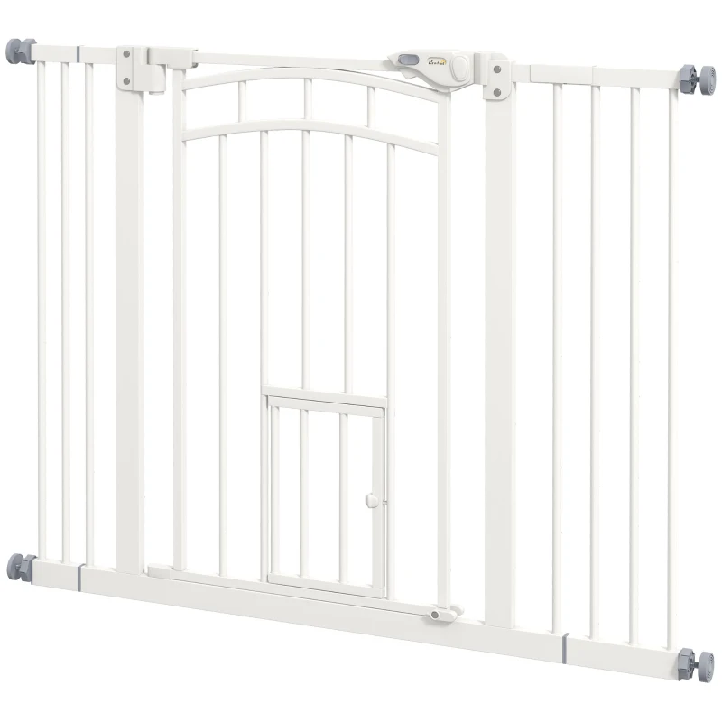 PawHut Auto-Close Pet Gate, Stair Gate with Cat Door, Double Locking for Doorways Hallways Stairs, Fits 29"-39.4" Wide, White
